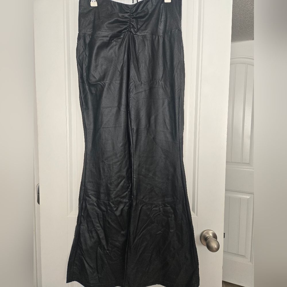 Shein black faux leather flare leg pants Size L